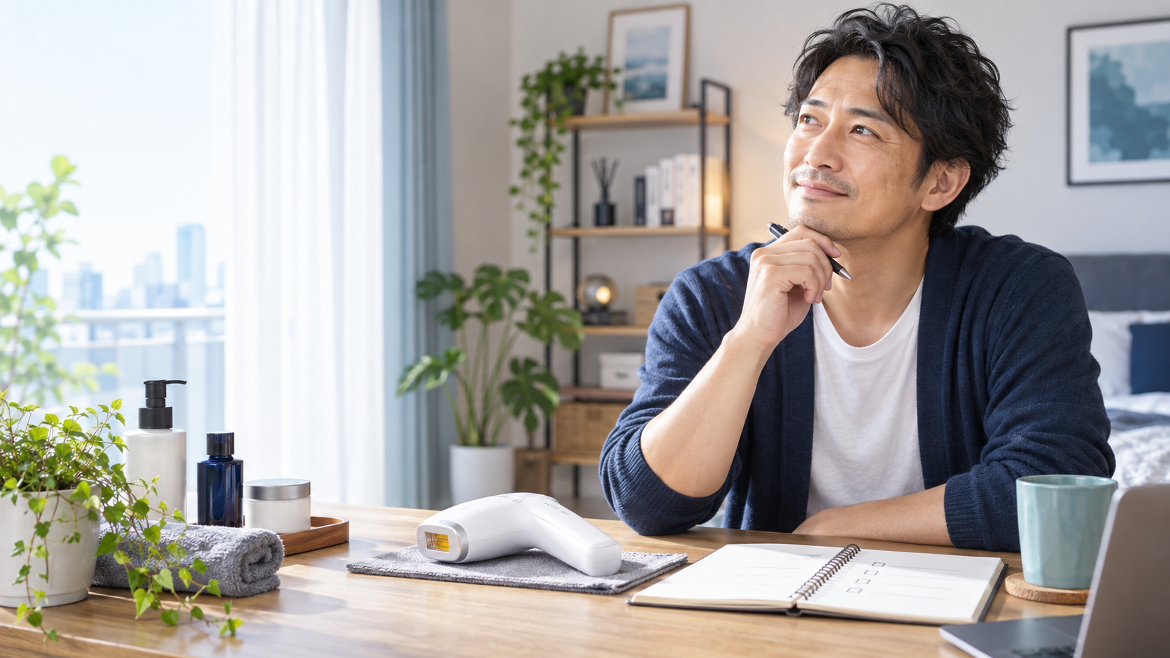家庭用レーザー脱毛器を前に、男性が脱毛計画を考えているイメージ